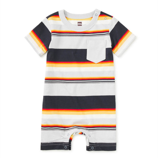 Striped baby romper with colorful pattern on a white background