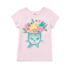 Pink t-shirt with a cat and flower design on a white background