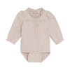 Beige baby bodysuit with ruffled collar on a white background