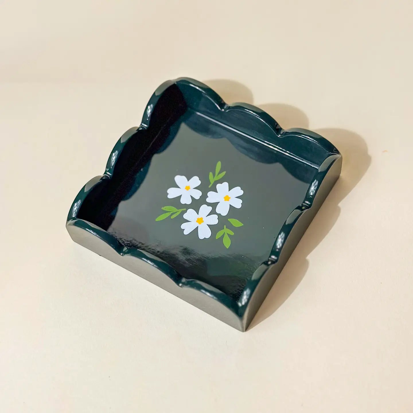 Dark Green Floral Trinket Tray