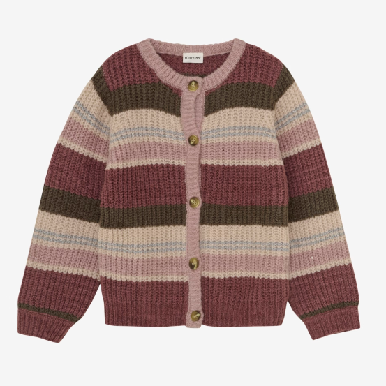 Striped knitted cardigan with buttons on a light pink background