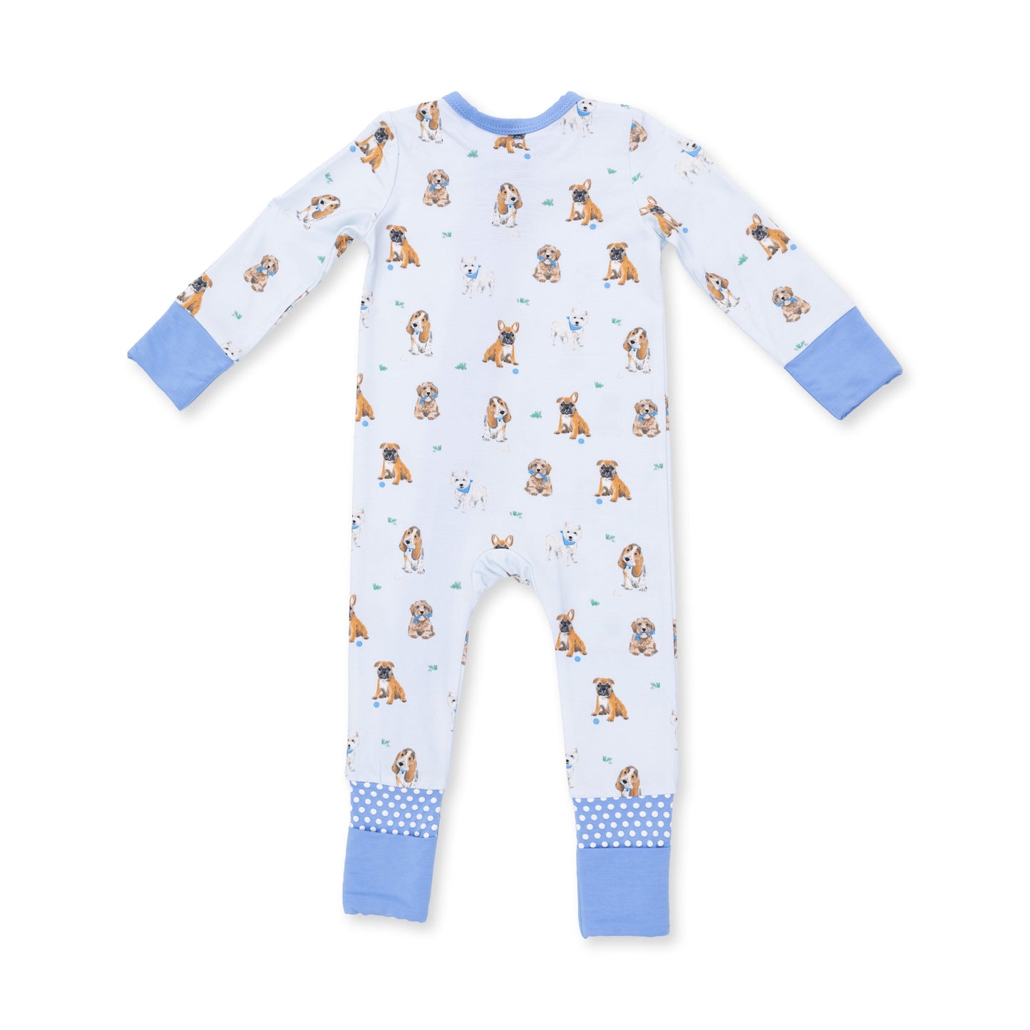 Angel Dear Besties Dogs Flip Romper, blue dog print, back view flat lay