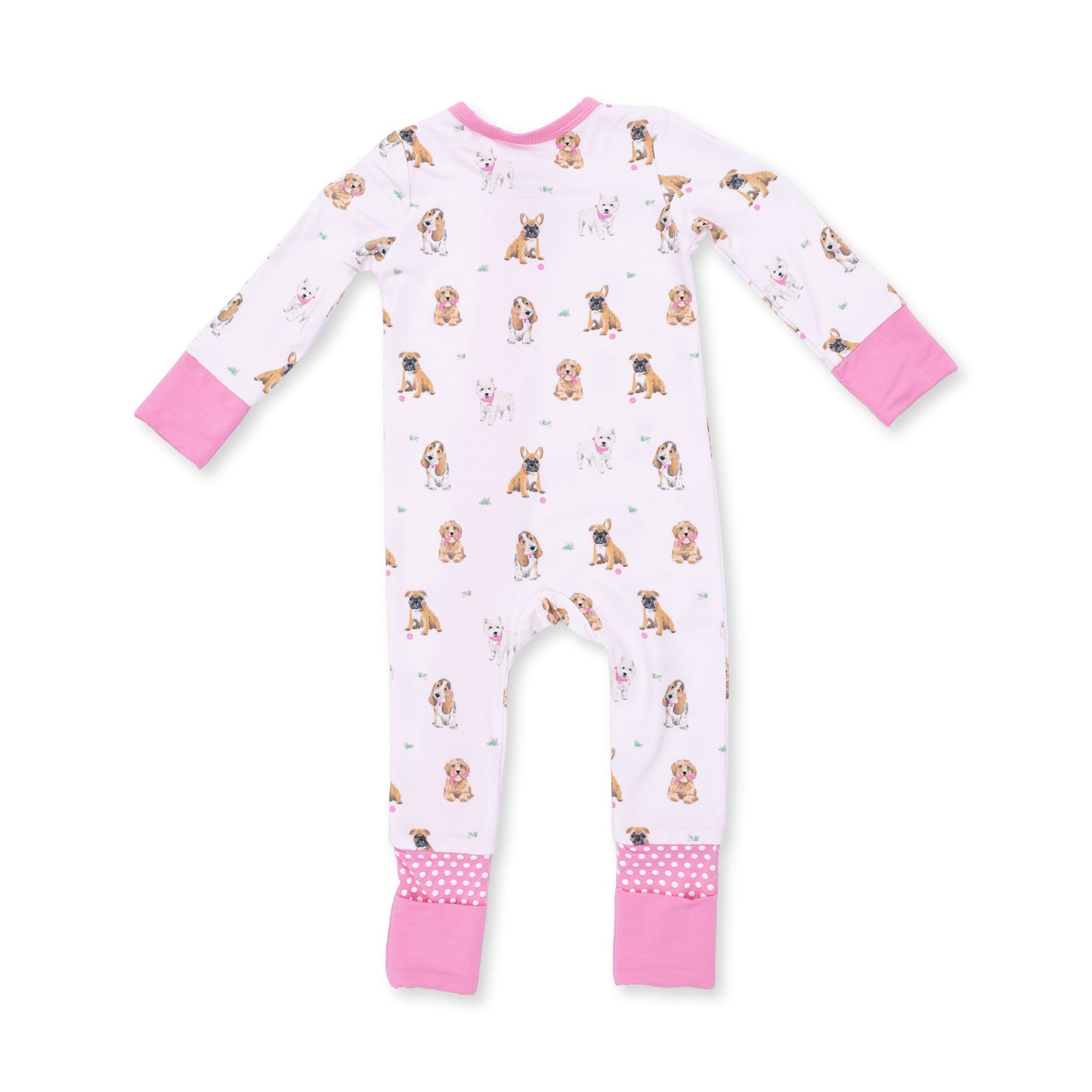 Angel Dear Besties Dogs Flip Romper, pink dog print, back view flat lay