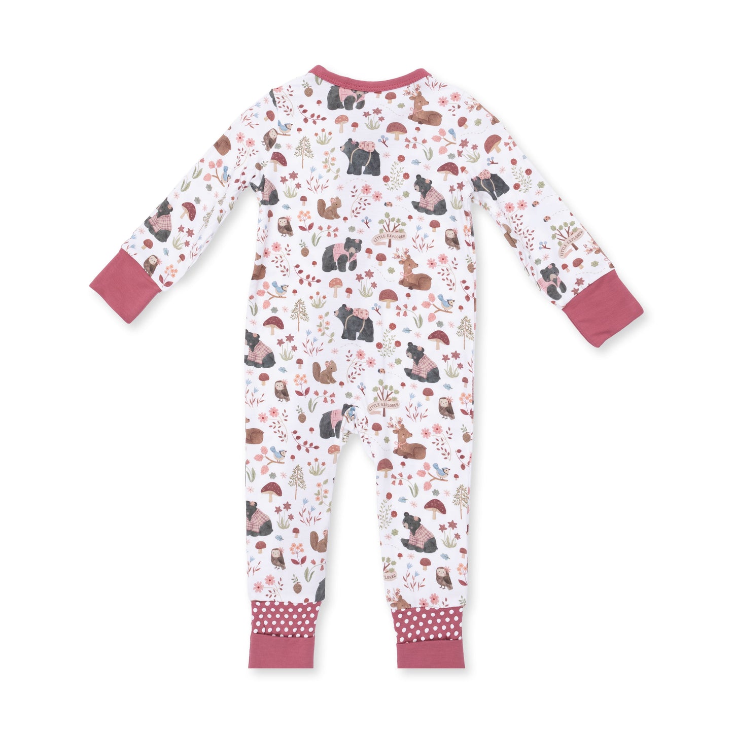 Angel Dear Pink Woodlands Flip Romper, back view flat lay