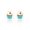 Cupcake-shaped earrings with blue skirts and red cherries on a white background