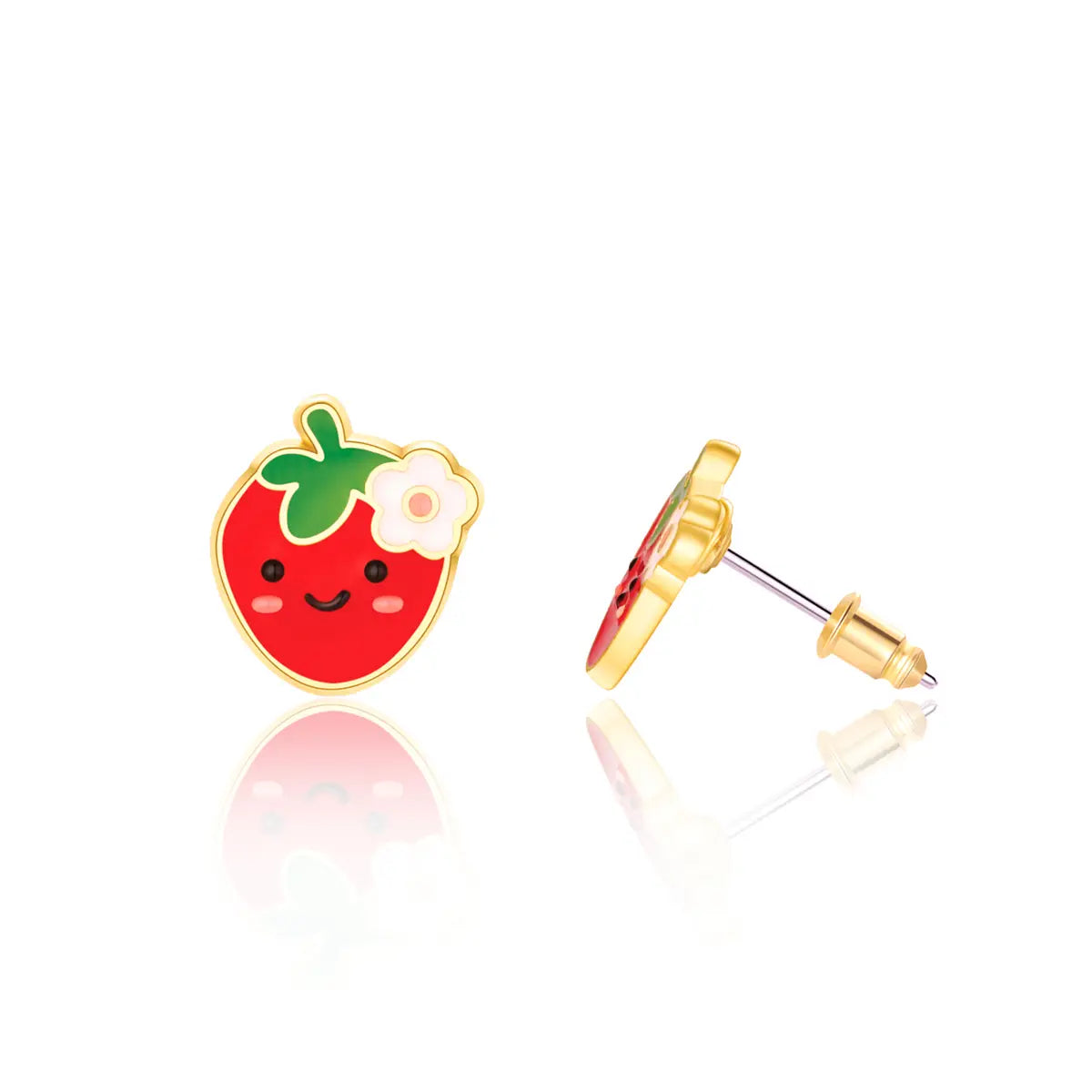 Strawberry-shaped earrings with gold accents on a white background