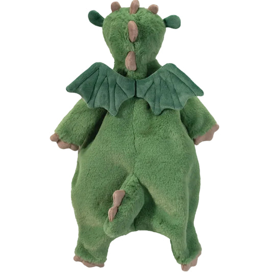 Green plush dragon toy on a white background
