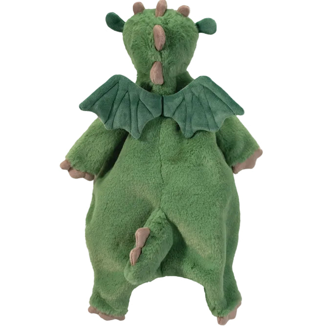 Green plush dragon toy on a white background