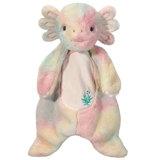 Pastel-colored plush toy with a white belly featuring a green logo on a white background
