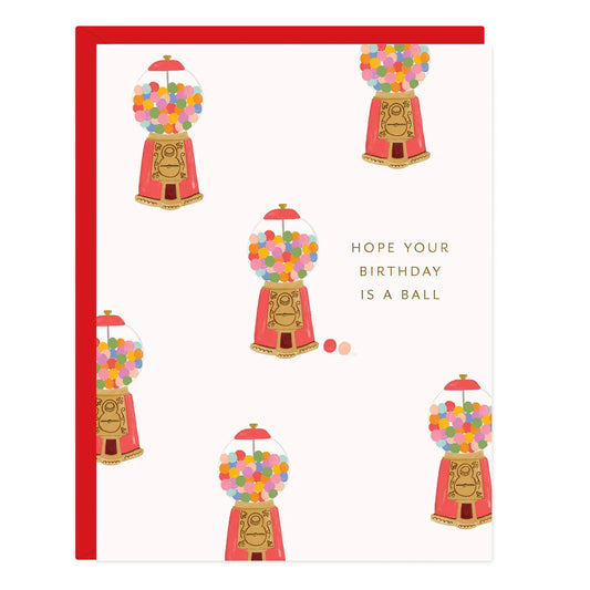 Birthday card with vintage colorful gumball machines, gold foil lettering