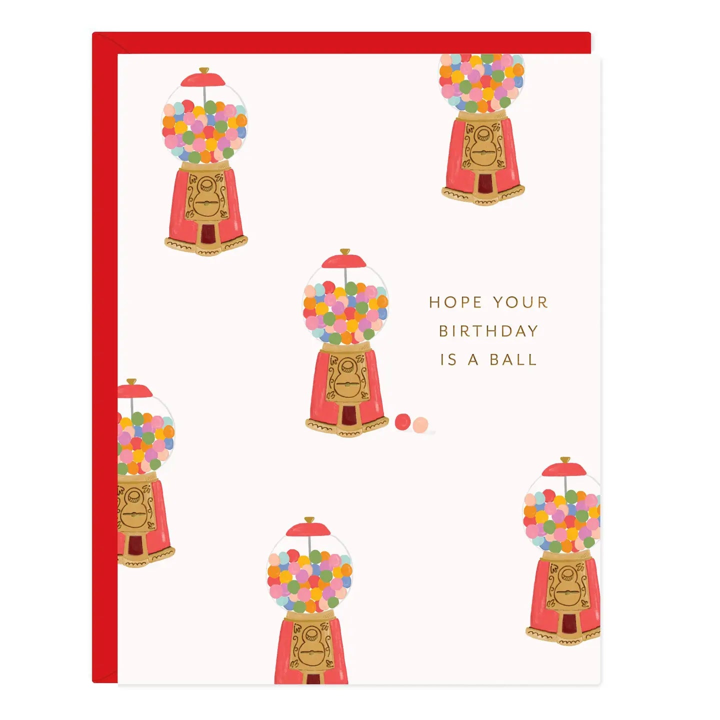 Birthday card with vintage colorful gumball machines, gold foil lettering