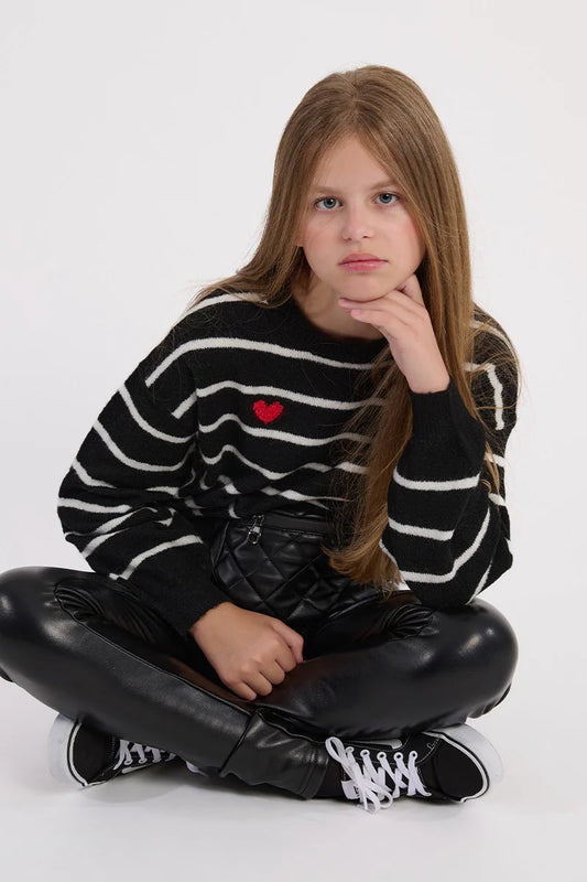 Black White Stripe Heart Sweater