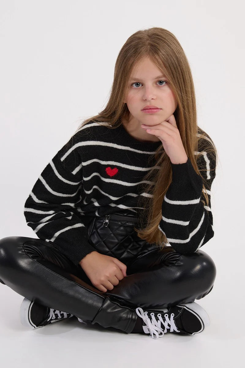 Black White Stripe Heart Sweater