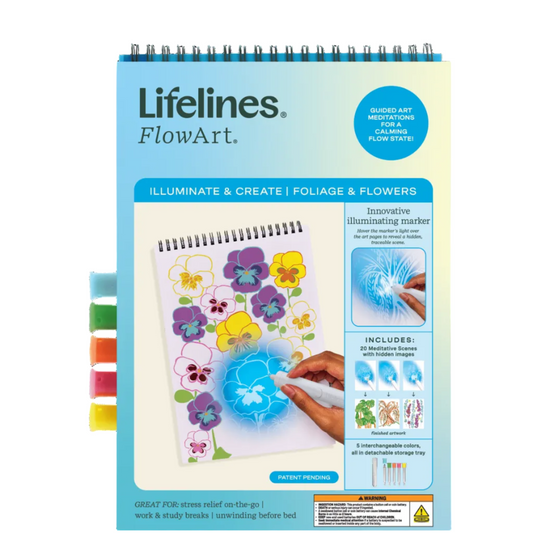 Lifelines FlowArt product packaging with illustrations of flowers and a marker on a green background
