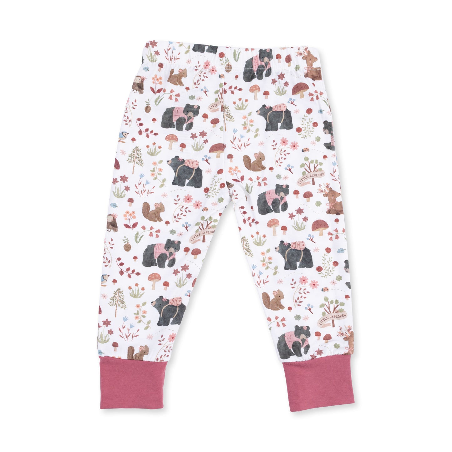 Angel Dear Pink Woodlands loungewear set fabric and print detail