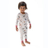 Toddler girl wearing Angel Dear Pink Woodlands loungewear set, lifestyle photo