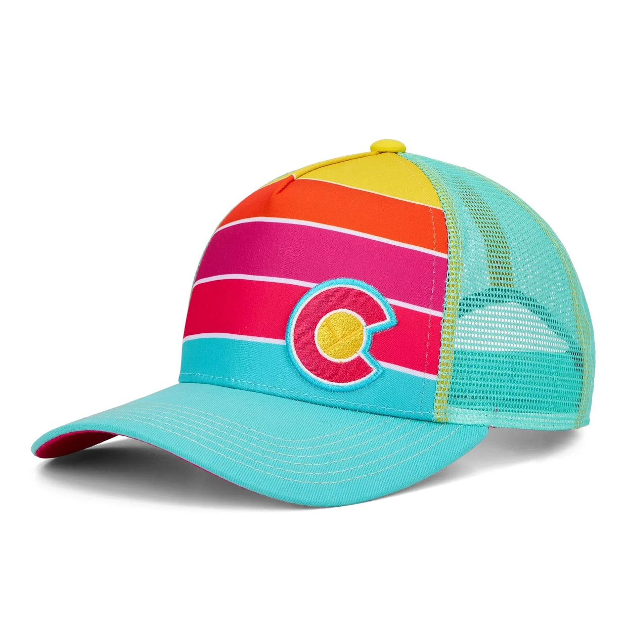 Colorful striped cap with a logo on a white background