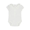 White short-sleeve bodysuit with a ruffled round collar and button closure at the back for easy dressing.