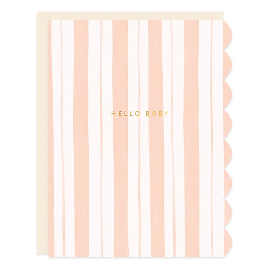 New baby card with soft blush watercolor stripes and a scalloped edge, gold foil lettering