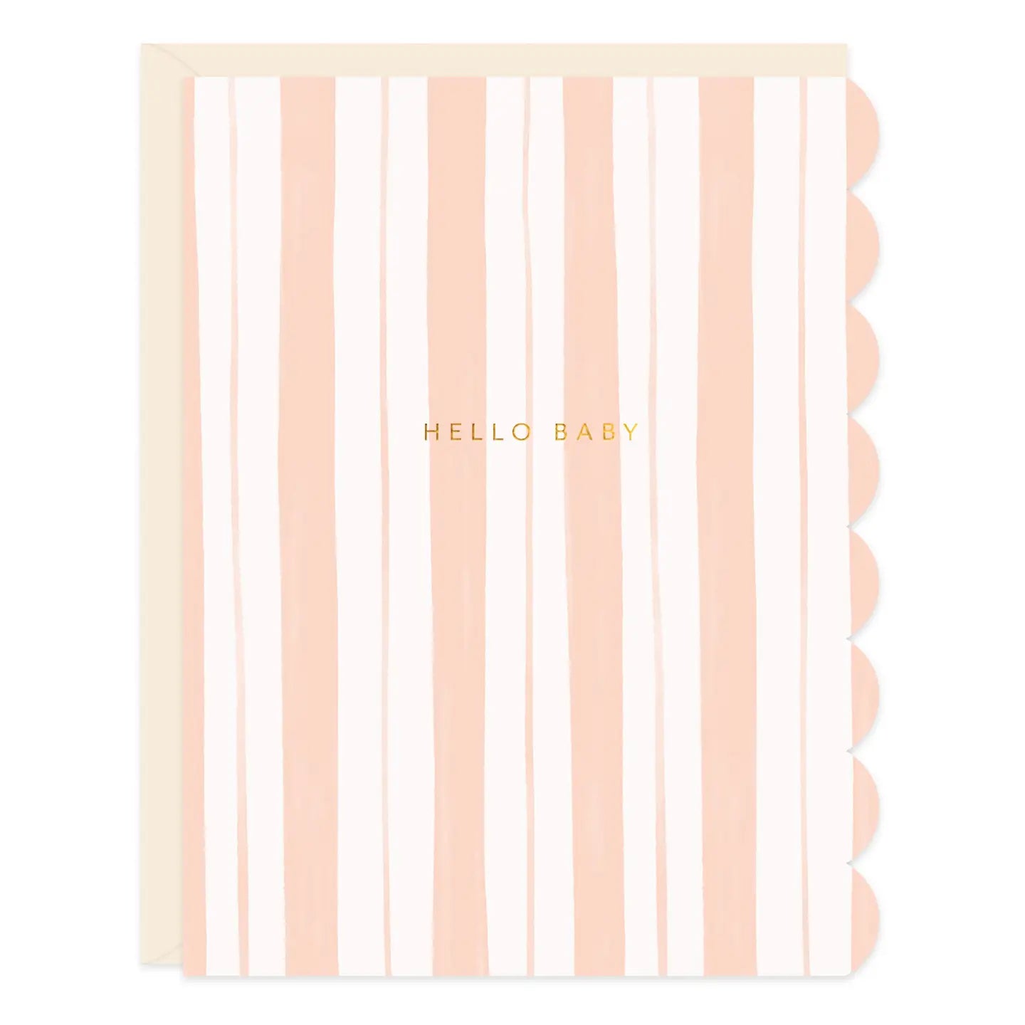 New baby card with soft blush watercolor stripes and a scalloped edge, gold foil lettering