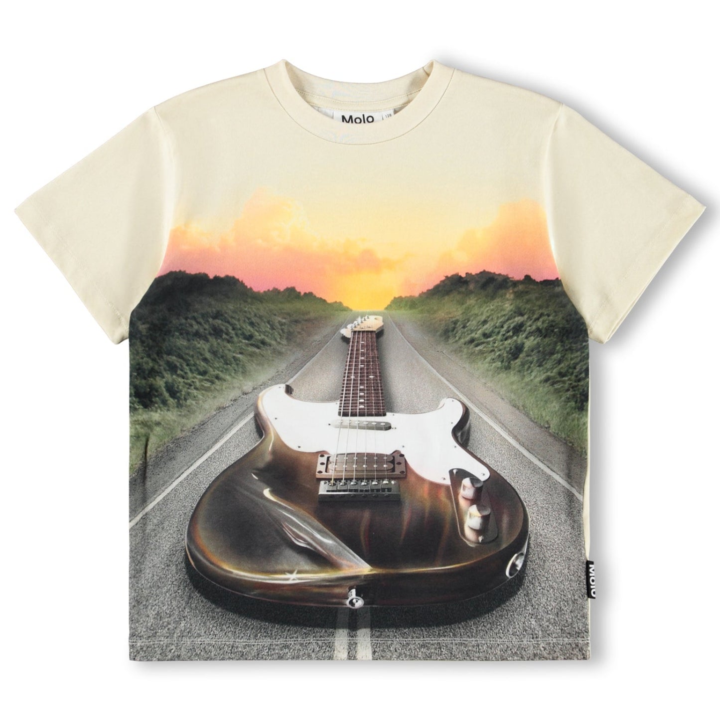 T-shirt with a guitar design on a road with a sunset landscape.
