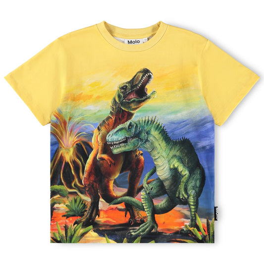 Yellow t-shirt with dinosaur graphic design on a white background
