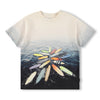 T-shirt with colorful surfboard design on a white background