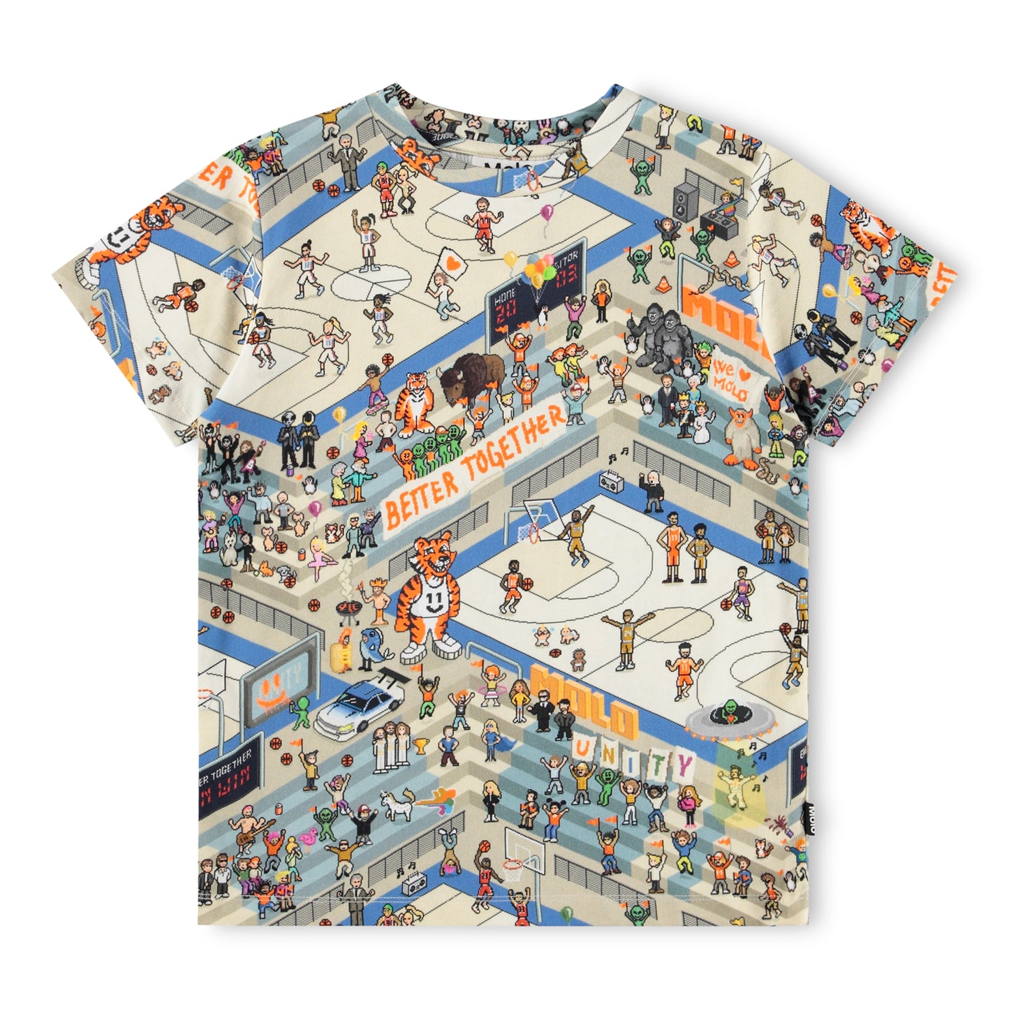 T-shirt with a colorful graphic design of people in a mall setting.