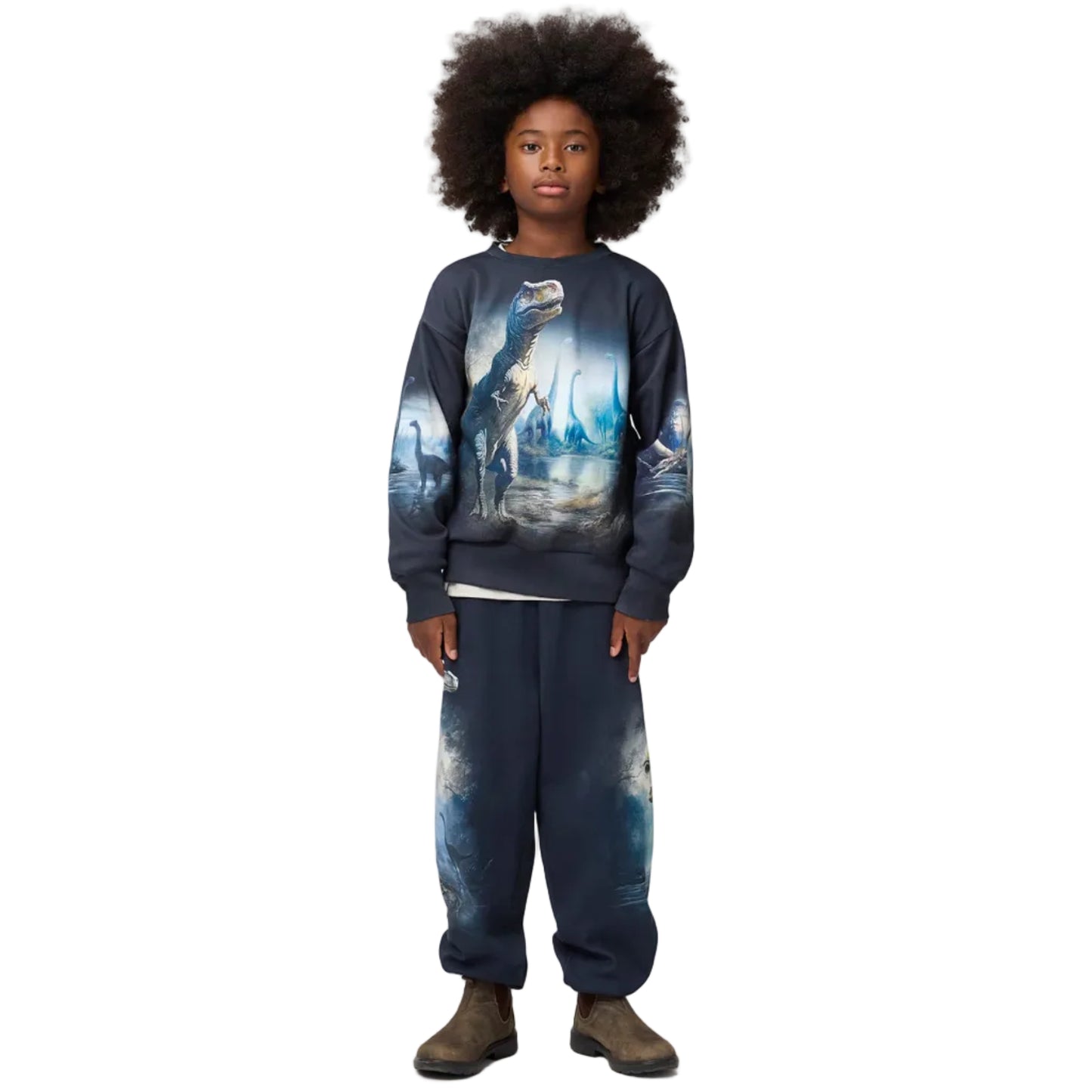 Child wearing a dark blue sweatshirt with a dinosaur graphic on a white background