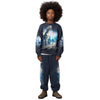 Child wearing a dark blue sweatshirt with a dinosaur graphic on a white background