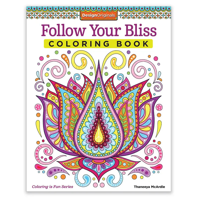 Coloring book cover with a colorful paisley design and 'Follow Your Bliss' text on a white background.