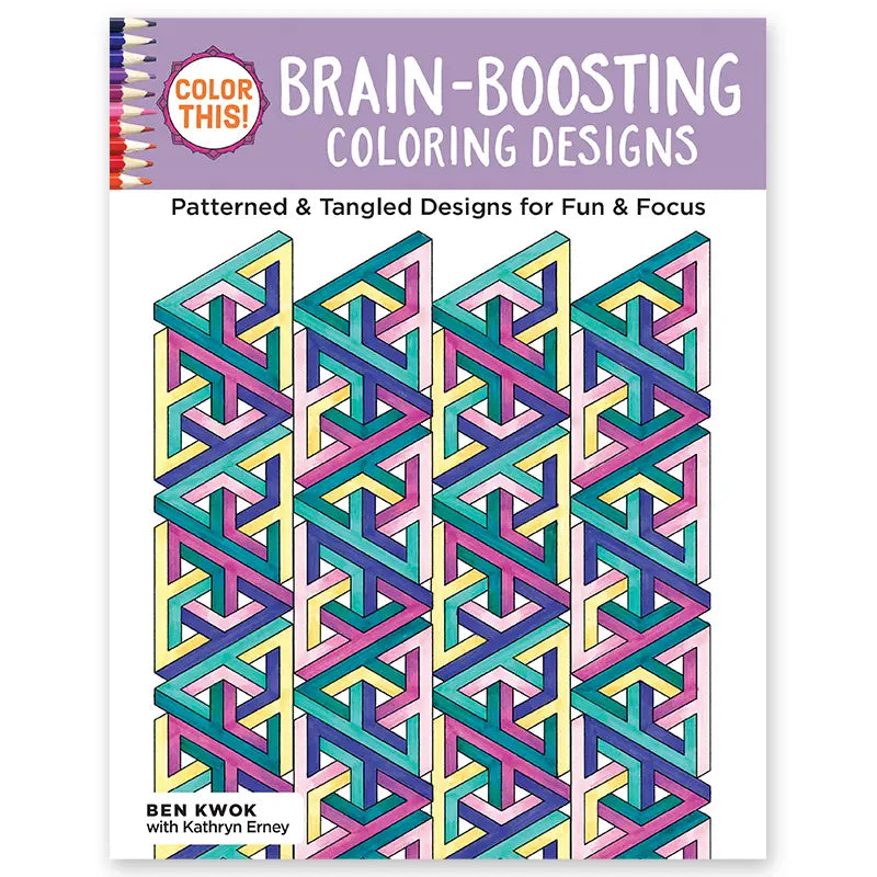 Coloring book titled 'Brain-Boosting Coloring Designs' with geometric patterns on a white background