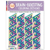 Coloring book titled 'Brain-Boosting Coloring Designs' with geometric patterns on a white background