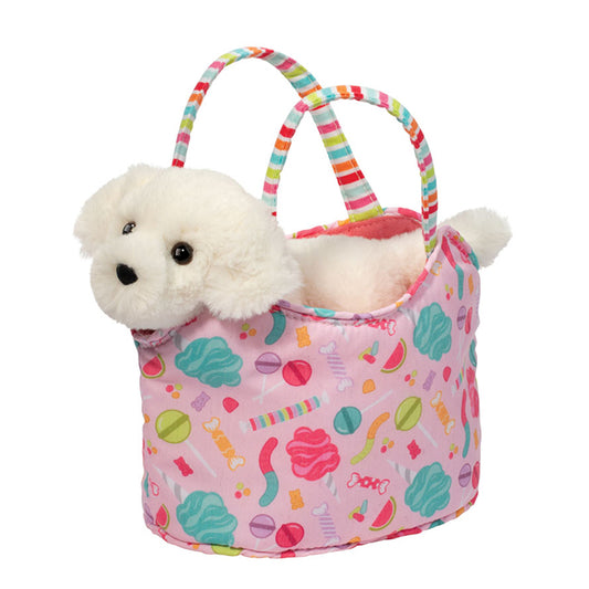 Candy Pop plush purse with stuffed dog companion by Douglas Toys, bright candy print design