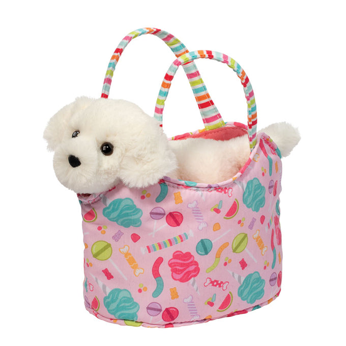 Candy Pop plush purse with stuffed dog companion by Douglas Toys, bright candy print design