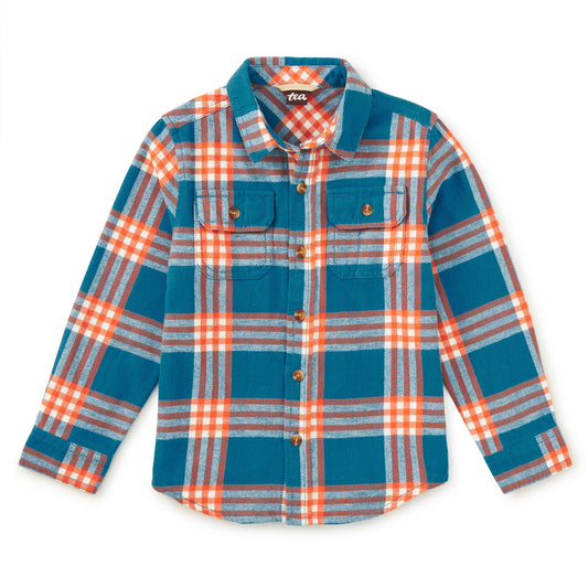 Plaid shirt with blue, orange, and white pattern on a white background