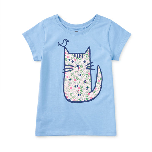 Blue t-shirt with a floral cat design on a white background
