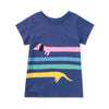 Blue t-shirt with colorful dachshund design on a white background