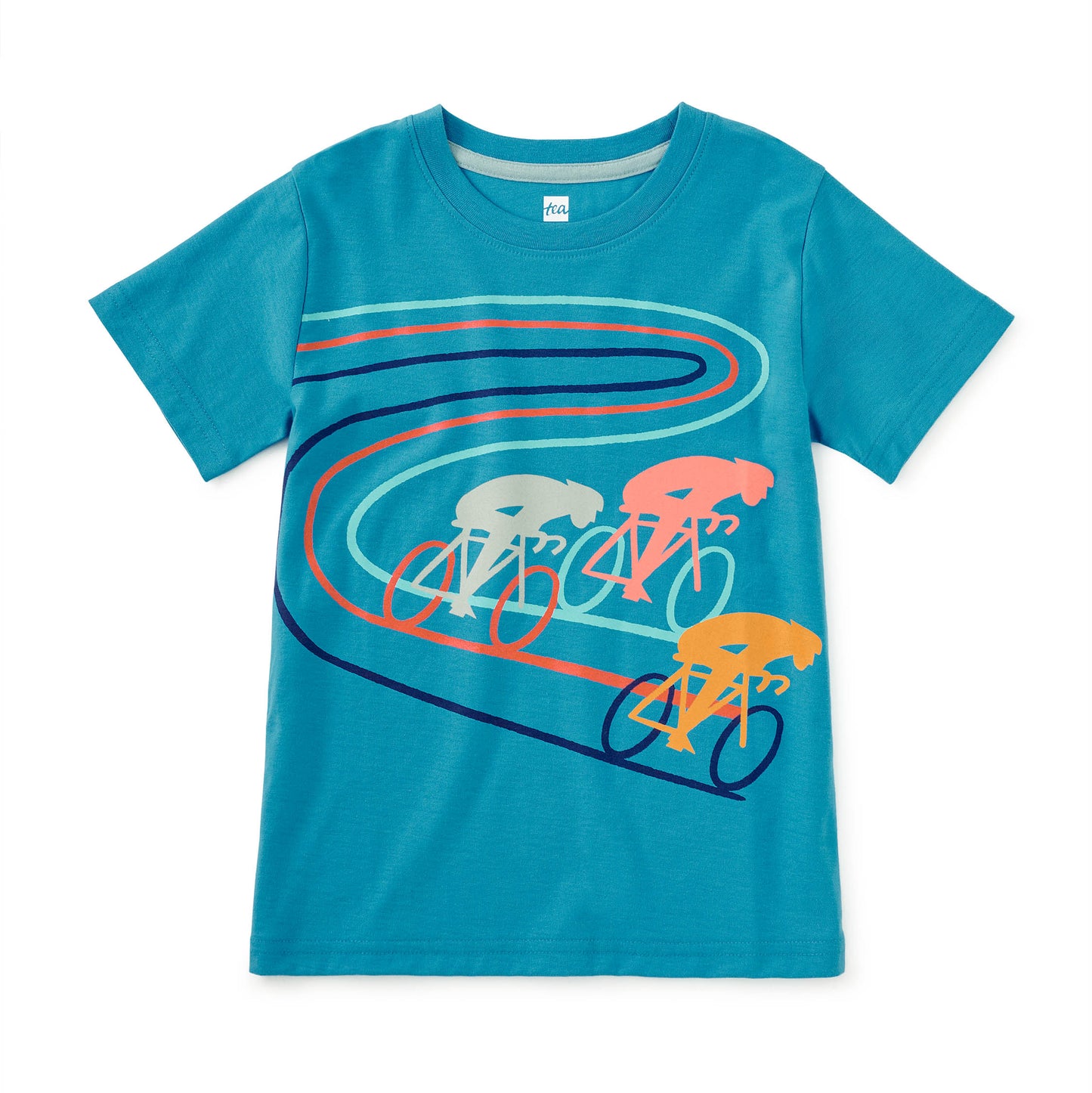 Blue t-shirt with cycling graphic on a white background