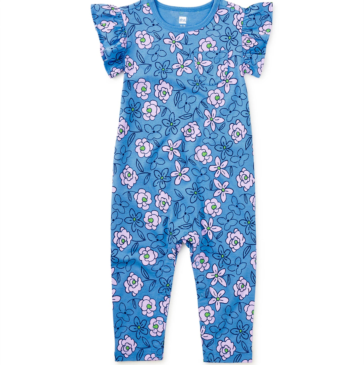 Blue background with pink floral design baby romper