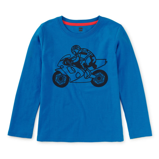 Blue long-sleeve shirt with a motorcycle graphic on a white background