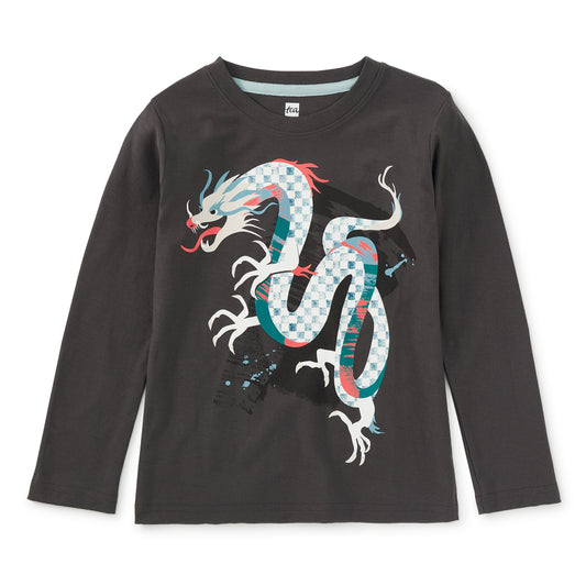 Black long-sleeve shirt with a colorful dragon design on a white background