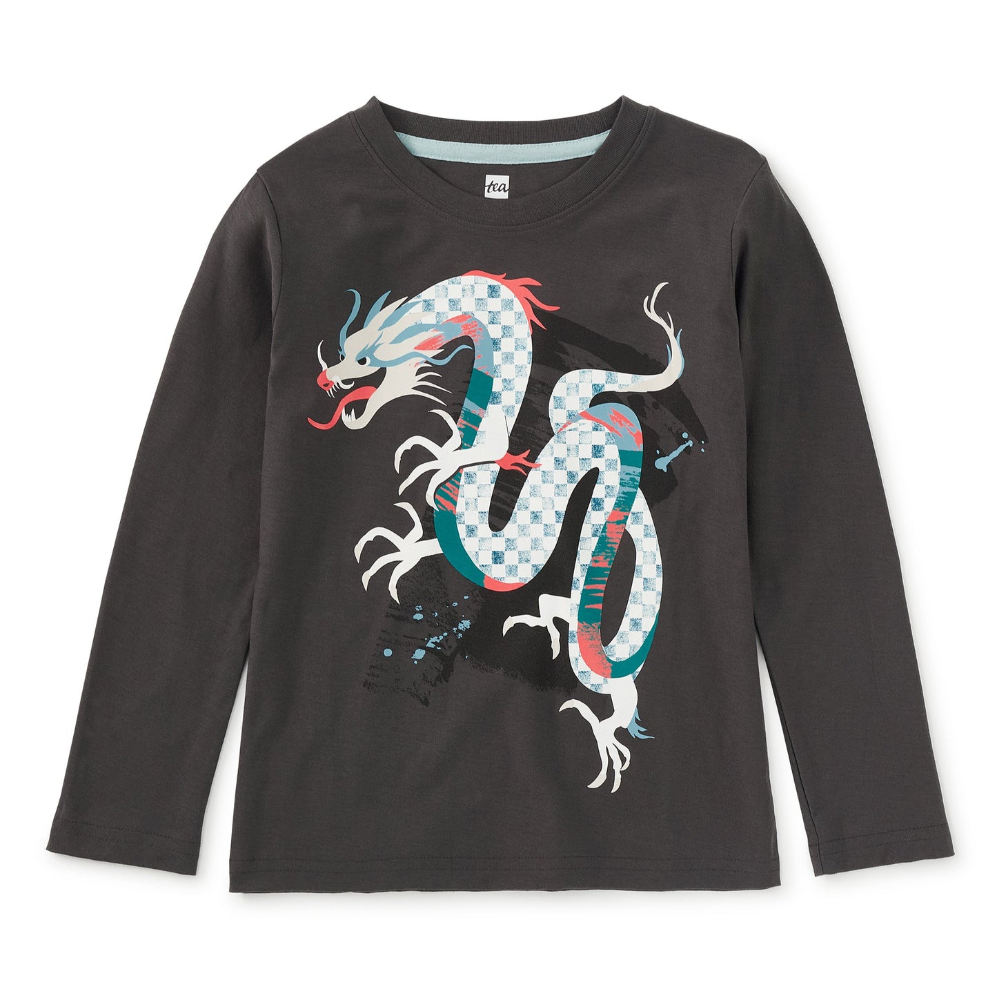 Black long-sleeve shirt with a colorful dragon design on a white background