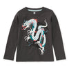 Black long-sleeve shirt with a colorful dragon design on a white background