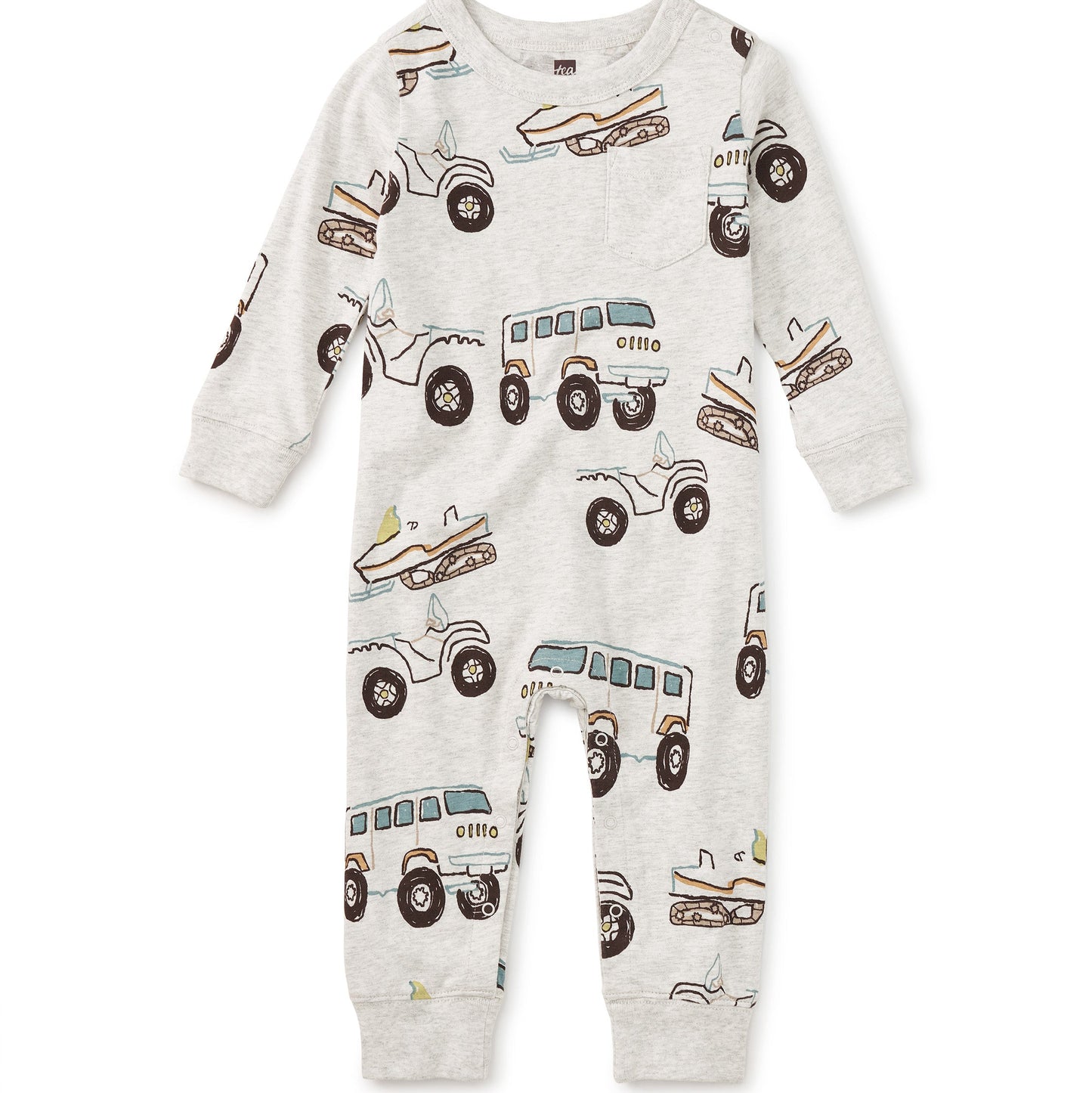 Baby onesie with vehicle pattern on a white background
