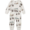 Baby onesie with vehicle pattern on a white background