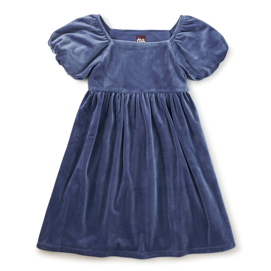 Blue velvet dress with puff sleeves on a white background