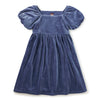 Blue velvet dress with puff sleeves on a white background