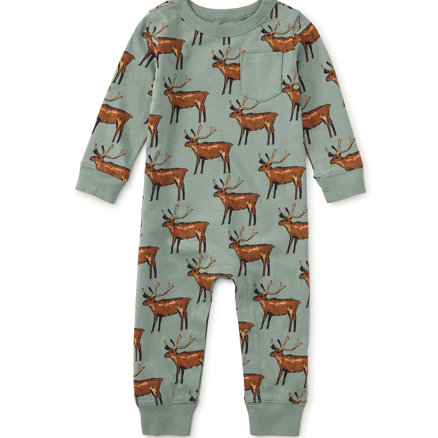 Children's onesie with deer pattern on a light blue background