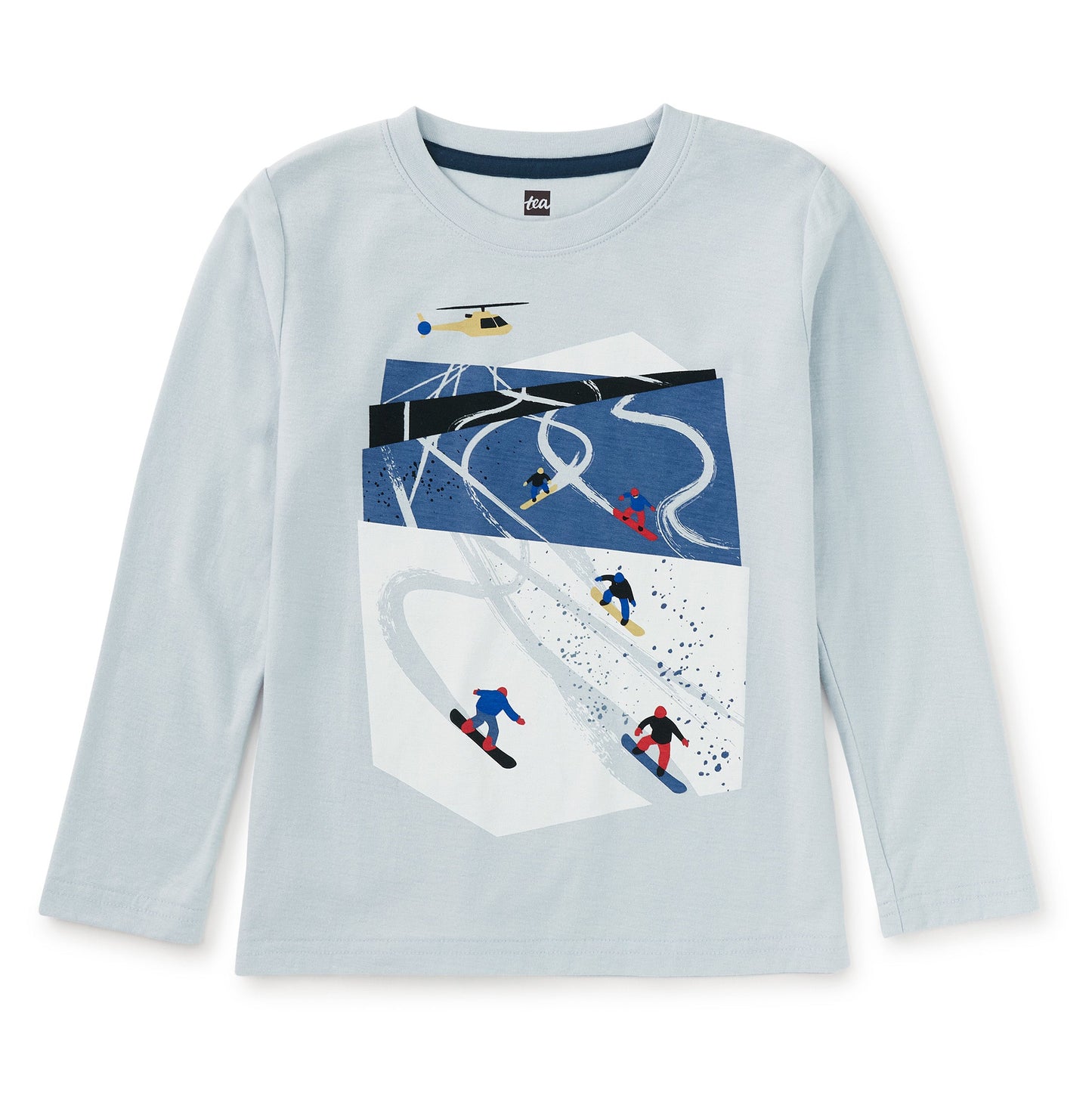 Light blue long-sleeve shirt with a graphic of skiers on a snowy slope.